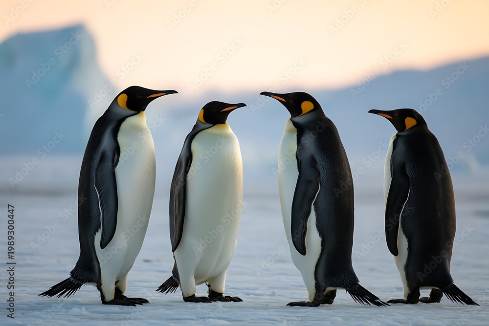 Fototapeta premium Four penguins standing on ice, Antarctic wildlife scene, black and white birds, cold climate animals