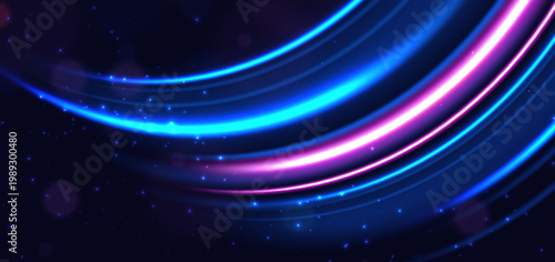 Blue and pink curved neon beams on dark blue background.