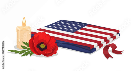 American flag remembrance with a lit candle and poppy flower, symbolizing patriotism and memorial day