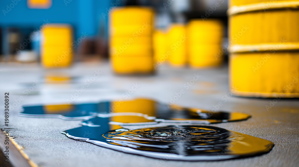 © Nataliya - Industrial scene with oil spills on a concrete floor and barrels in the background, hazardous material storage and environmental risk concept, defocused background, with copy space © Nataliya - Industrial scene with oil spills on a concrete floor and barrels in the background, hazardous material storage and environmental risk concept, defocused background, with copy space