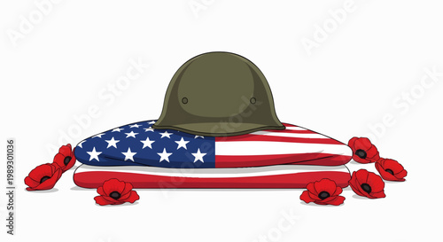 A solemn tribute to brave heroes, featuring an American flag, military helmet, and poignant poppies, symbolizing remembrance and national pride for military service and sacrifice