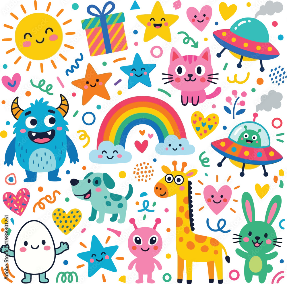 Obraz premium Kawaii Doodle Pattern with Cute Animals, Monsters, and UFOs