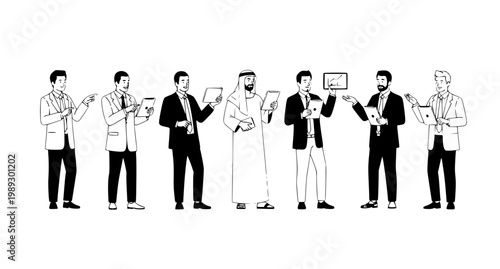 Diverse businessmen with tablet UI line icon vector set isolated on white background