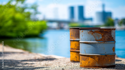 Rusty barrels at an industrial pollution and waste disposal site, environmental hazard and cleanup concept, defocused background, with copy space