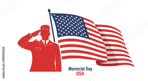 Striking graphic design element depicting a saluting soldier silhouette beside a prominent American flag, embodying national remembrance, patriotism, and honor for dedicated service