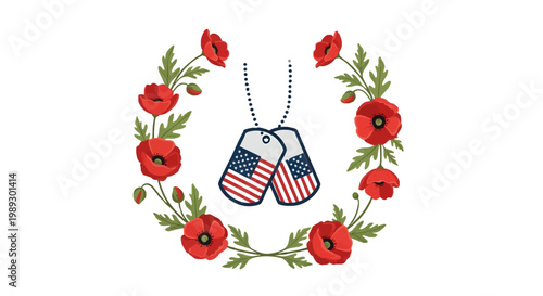 Vivid illustration of patriotic military identification tags featuring an American flag design, beautifully framed by a wreath of symbolic red poppies, honoring service and remembrance
