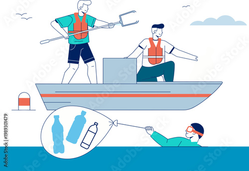 People in a boat collecting plastic bottles from the ocean with a hook