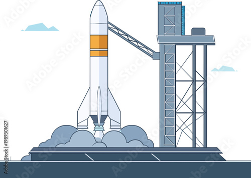 A rocket ship launches from a launchpad on a clear day with clouds.