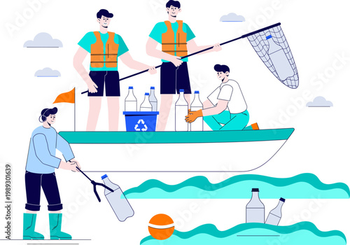 People on a boat collecting plastic bottles and trash from the ocean water.