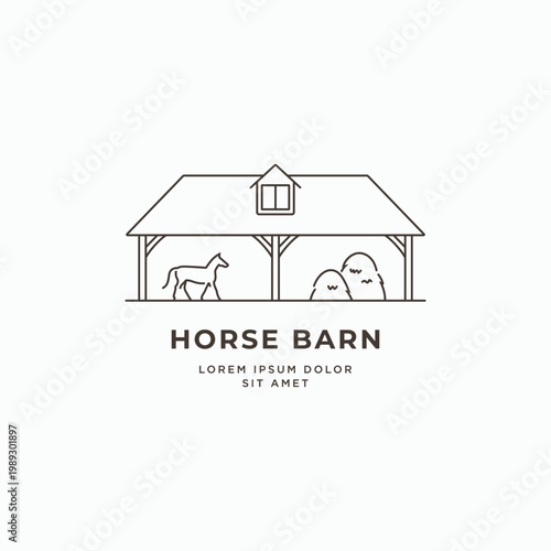 Horse barn minimal line art logo design. Horse ranch, countryside symbol logo icon vector illustration