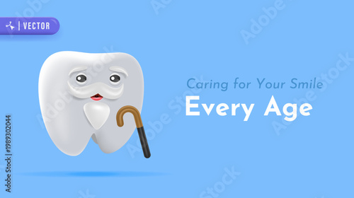 Elderly 3D Tooth Character with Cane Representing Dental Care for Every Age Group