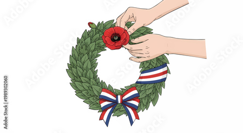 Hands carefully placing a vibrant red poppy onto a traditional laurel wreath, adorned with patriotic ribbons, symbolizing remembrance, respect, and honor for heroes