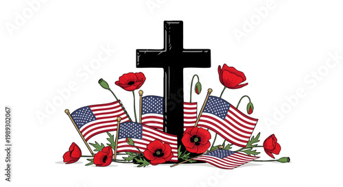 Remembrance Day cross with American flags and poppies symbolizing sacrifice and honor