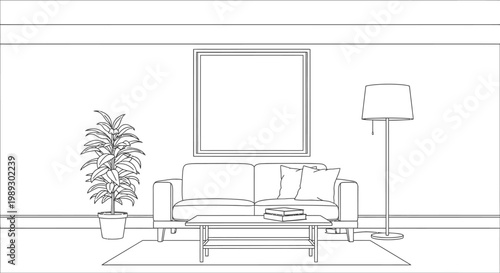 Minimalist Line Art Illustration of a Modern Living Room Interior. Architectural Home Design Concept Outline.