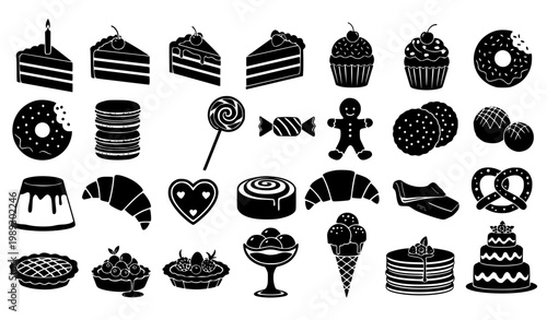 Black bakery dessert icon set with cake cupcake donut macaron pie ice cream and celebration sweets silhouette vector collection