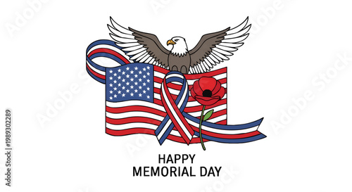 Patriotic illustration honoring remembrance with an American flag, majestic eagle, and poppy flower, symbolizing national pride and commemoration of heroes