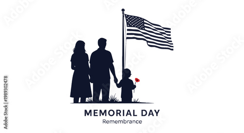 Silhouettes of a family honoring a national day of remembrance with an American flag, symbolizing patriotism and profound sacrifice