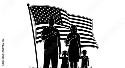 Silhouetted family with hands on chests in front of the American flag, symbolizing patriotism and national pride