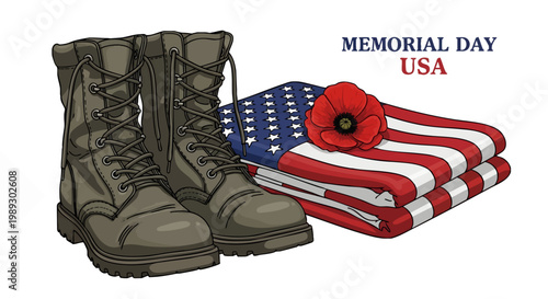 A poignant illustration depicting military combat boots, a reverently folded national flag, and a symbolic remembrance poppy, honoring the courage and sacrifice of service members