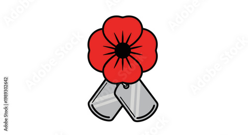 Vector graphic featuring a vibrant red poppy resting upon two metallic dog tags, a powerful emblem of solemn remembrance and honor for military service and fallen heroes
