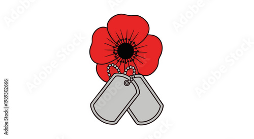 Remembrance Day symbol of red poppy with dog tags for honoring veterans and fallen soldiers