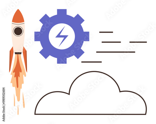 Startup growth, technological innovation, cloud computing, energy, speed, business development. A rocket with a gear and cloud icon. Startup growth and technological innovation concept