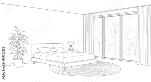 Minimalist line art illustration of a modern bedroom interior design with a bed, nightstand, lamp, potted plant, and large window