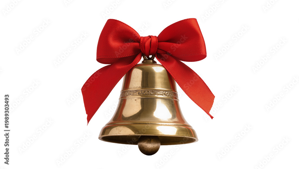 Naklejka premium Golden brass bell with red ribbon bow, isolated on transparent background