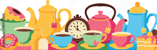 Vibrant Tea Party Illustration with Teapots