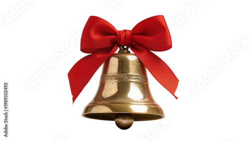 Fotografía Golden brass bell with red ribbon bow, isolated on transparent background