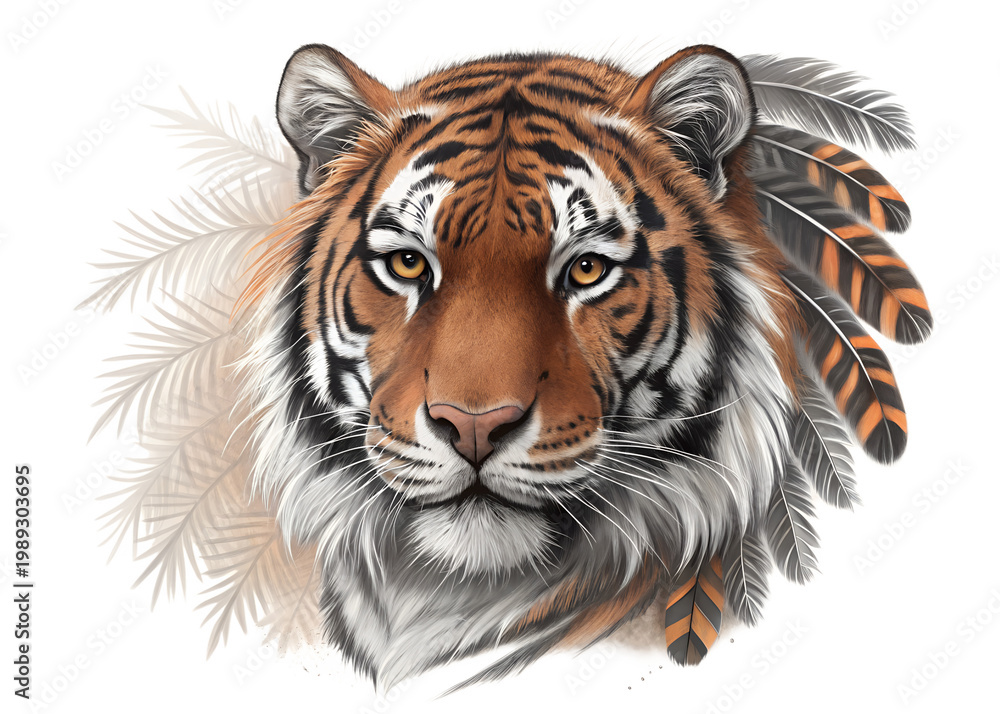 Obraz premium Fierce Feather Tiger Face Front View Sublimation PNG Isolated on Transparent Background