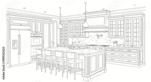 Architectural line drawing of a luxurious modern kitchen interior design with large island, elegant cabinetry, and appliances.
