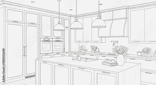 Elegant modern kitchen interior design sketch. Architectural blueprint drawing showcasing contemporary home renovation concept.