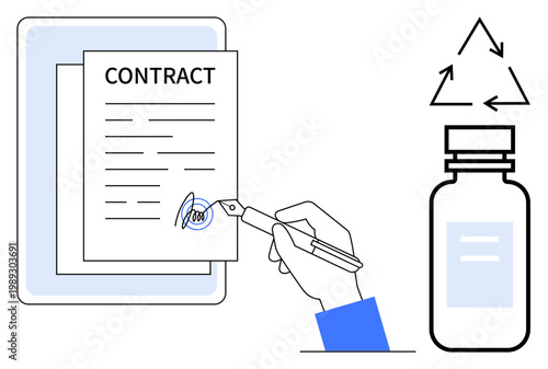Legal agreements, environmental sustainability, pharmaceuticals, responsible consumption, waste management, contracts. Hand signing a contract, recycling symbol medicine bottle. Legal agreements