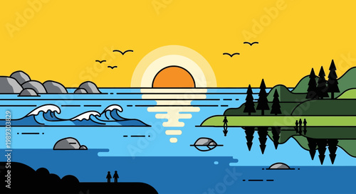 Minimalist illustration of a vibrant sunset over the ocean with silhouetted trees