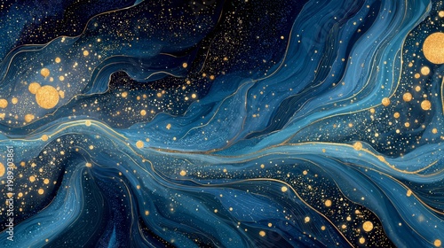 Abstract illustration of swirling blue and gold cosmic waves