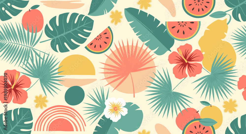 Fototapeta premium Vibrant tropical flower and leaf illustration, conveying a cheerful and warm mood, perfect for marketing, website design, and social media content.