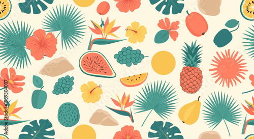 Vibrant tropical foliage and fruit create a cheerful and optimistic illustration, ideal for summer marketing or website backgrounds.