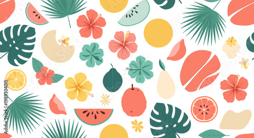 Vibrant and joyful tropical illustration evoking a feeling of summer, relaxation, and refreshing energy, perfect for marketing materials or website de