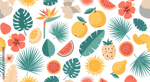 Vibrant tropical flowers and foliage create a joyful, energetic mood, perfect for summer marketing, website design, or social media content.