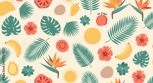 A vibrant and cheerful graphic of tropical fruits and leaves, perfect for marketing materials conveying freshness, health, and a summery mood.