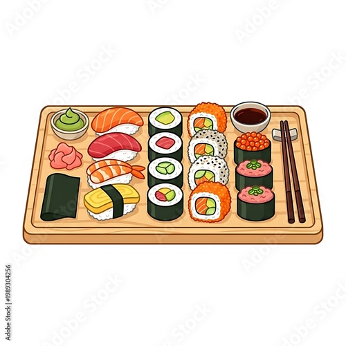 Variety of sushi on tray.