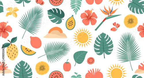 A vibrant and refreshing illustration featuring tropical fruits and leaves, evoking a sense of summer, relaxation, and natural abundance – perfect for