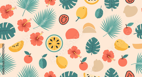 A vibrant, modern graphic design featuring fruit and palm leaves evokes a relaxed, summery mood, ideal for lifestyle branding or website backgrounds.