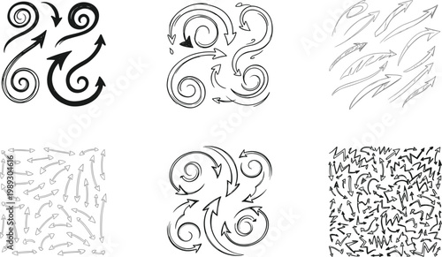 Hand Drawn Swirl and Scattered Arrow Pattern Set with Spiral, Grunge, and Chaotic Flow Texture for Artistic Background Design Collection