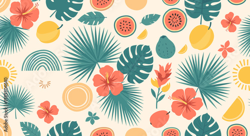 Cheerful, flat-lay design featuring tropical foliage and sun elements. Ideal for marketing materials, social media, or adding a vibrant, summery touch