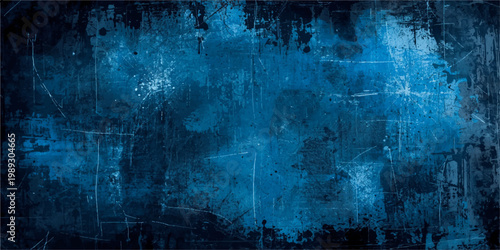 A dark blue vintage grunge wall background with a dirty aged paper texture and rusted paint design on a rough antique surface.