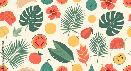 A vibrant, modern flat lay design evoking summer, relaxation, and the freshness of tropical fruits. Ideal for marketing materials and social media pos