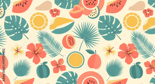 Vibrant tropical illustration evokes a cheerful, summery mood, perfect for marketing materials, website design, and social media content with a fresh,