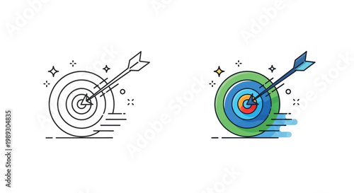 Colorful vector illustration showing an arrow hitting the bullseye center of a classic target icon design